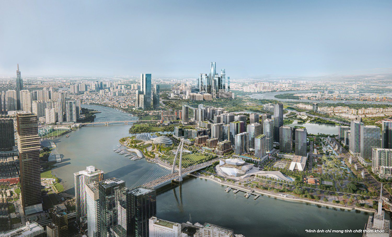 Blick über den Saigon-Fluss auf das Finanzviertel Thu Thiem, Ho-Chi-Minh-Stadt — Illustration des Masterplans 2030