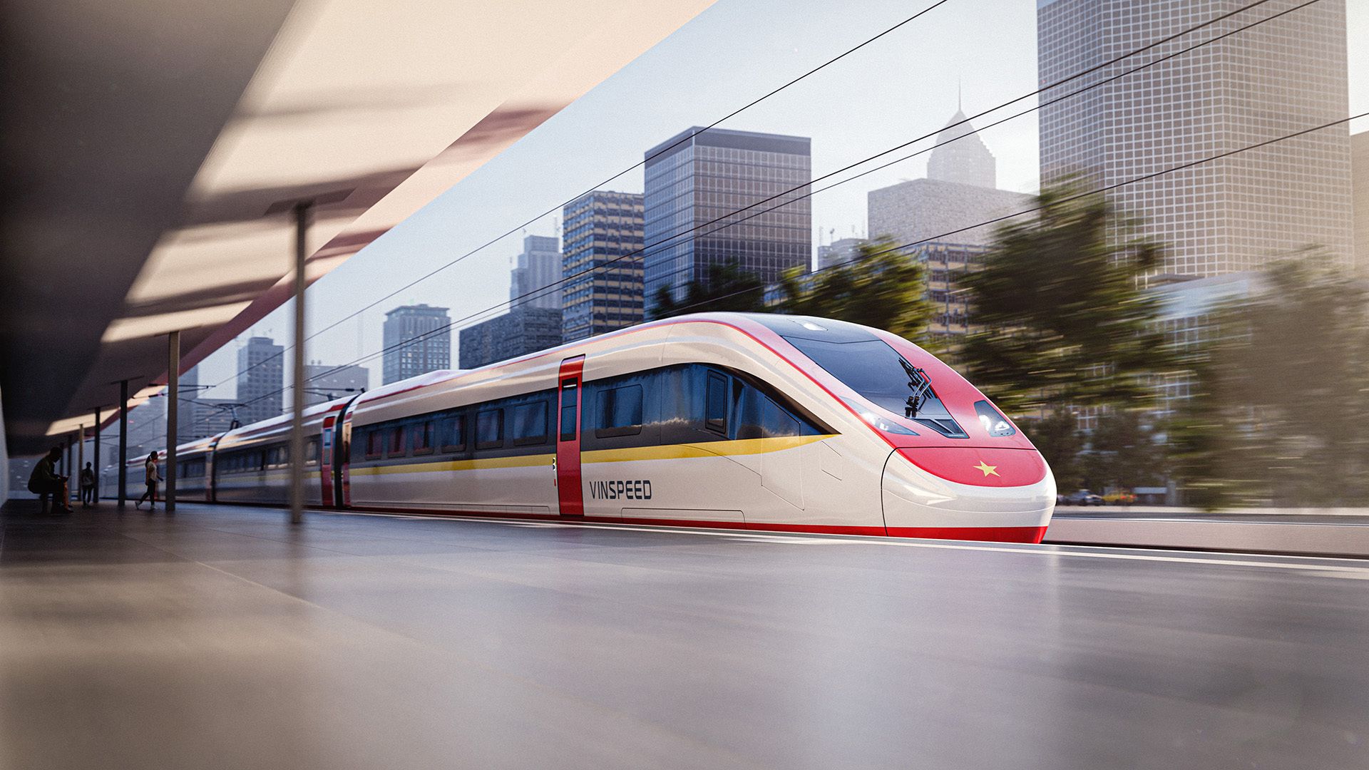 Vietnam High-Speed Railway HSR concept render showing streamlined Vinspeed train at station — Image courtesy: Vinspeed