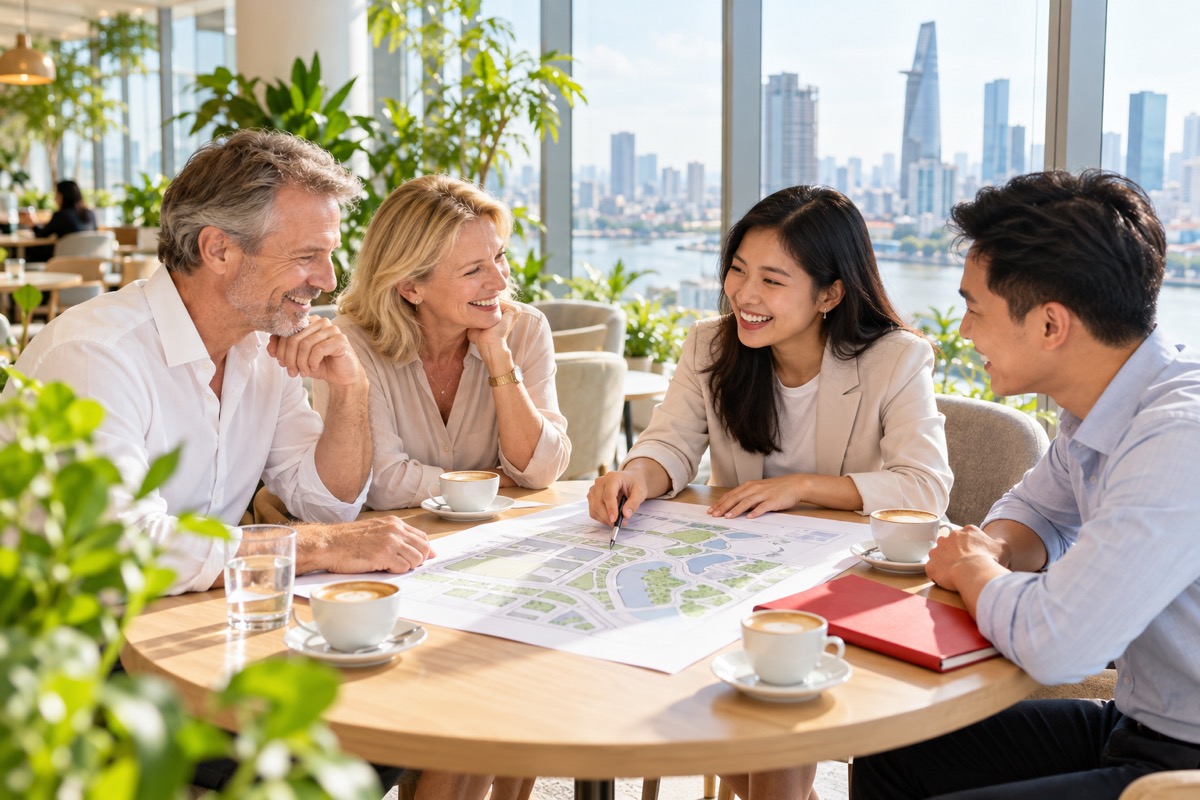 German investors reviewing an industrial site map with Vietnamese advisers in Ho Chi Minh City (AI-generated illustration)