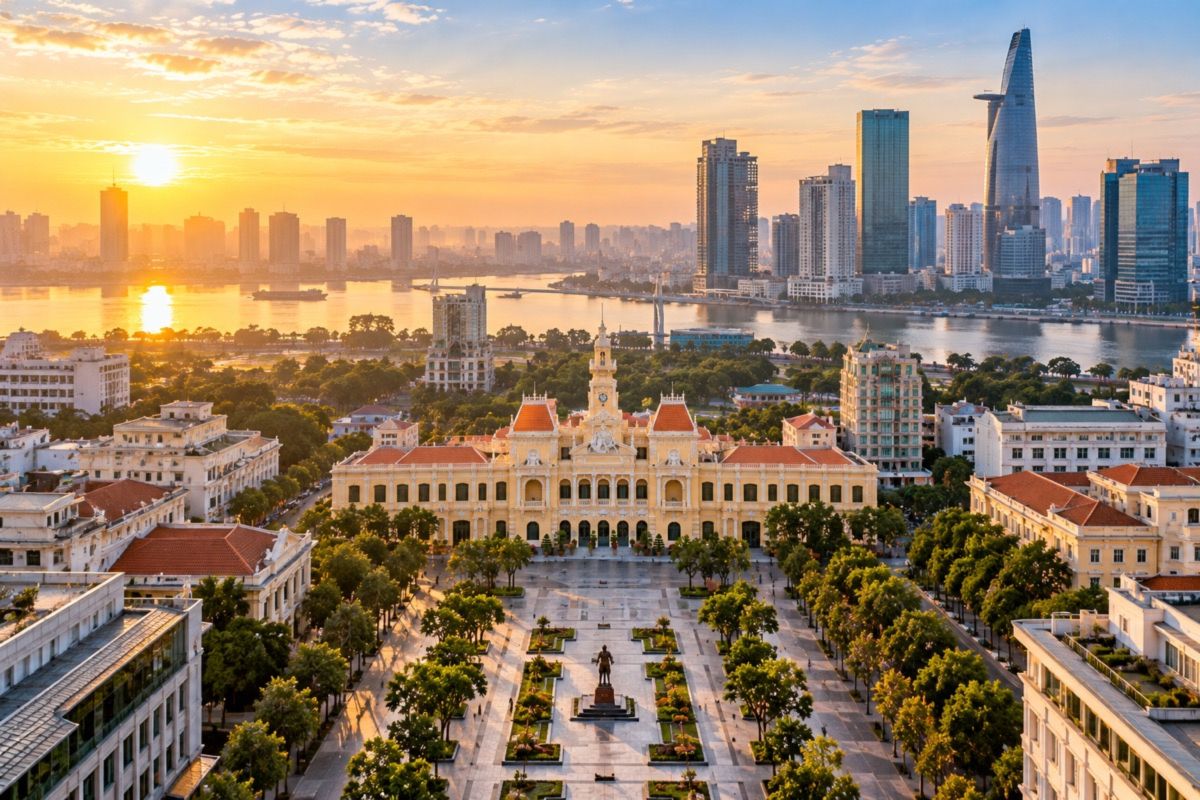 Aerial view of the Ho Chi Minh City People's Committee building at sunrise (AI-generated illustration)