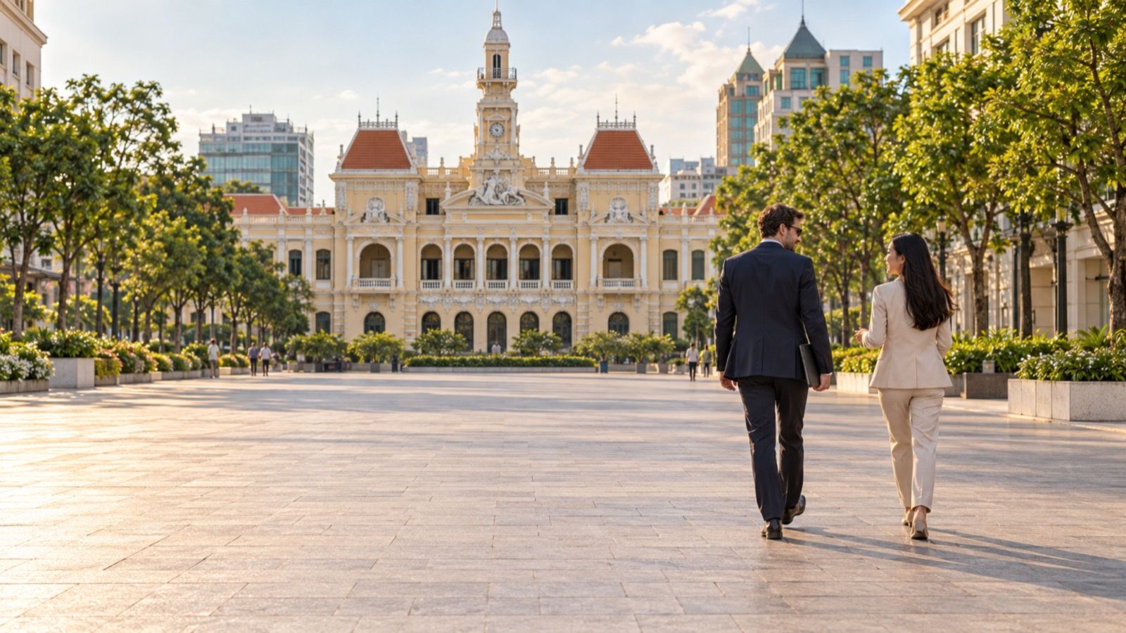 Business people walking towards the Ho Chi Minh City People's Committee building (AI-generated illustration)