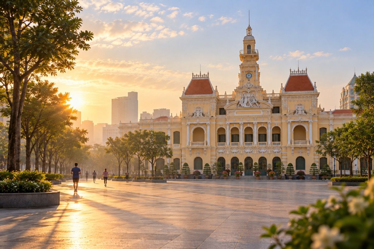 Ho Chi Minh City People's Committee building in the early morning (AI-generated illustration)