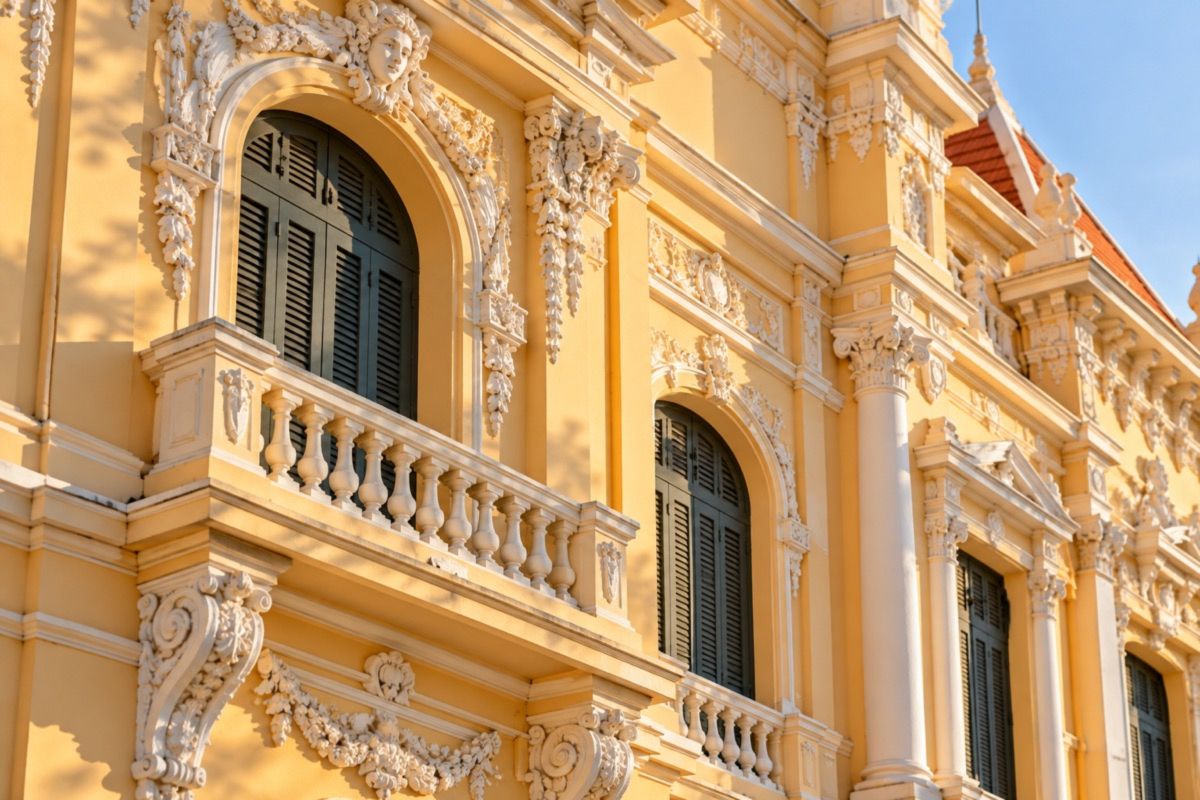 Facade detail of the Ho Chi Minh City People's Committee building (AI-generated illustration)