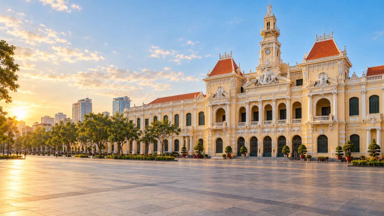 Ho Chi Minh City People's Committee building at golden hour (AI-generated illustration)