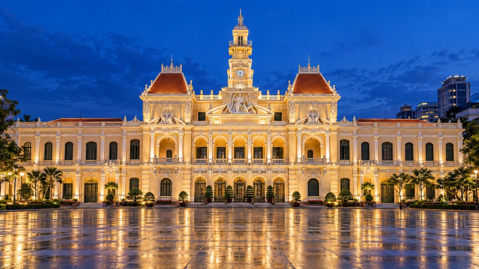 Ho Chi Minh City People's Committee building illuminated at night (AI-generated illustration)