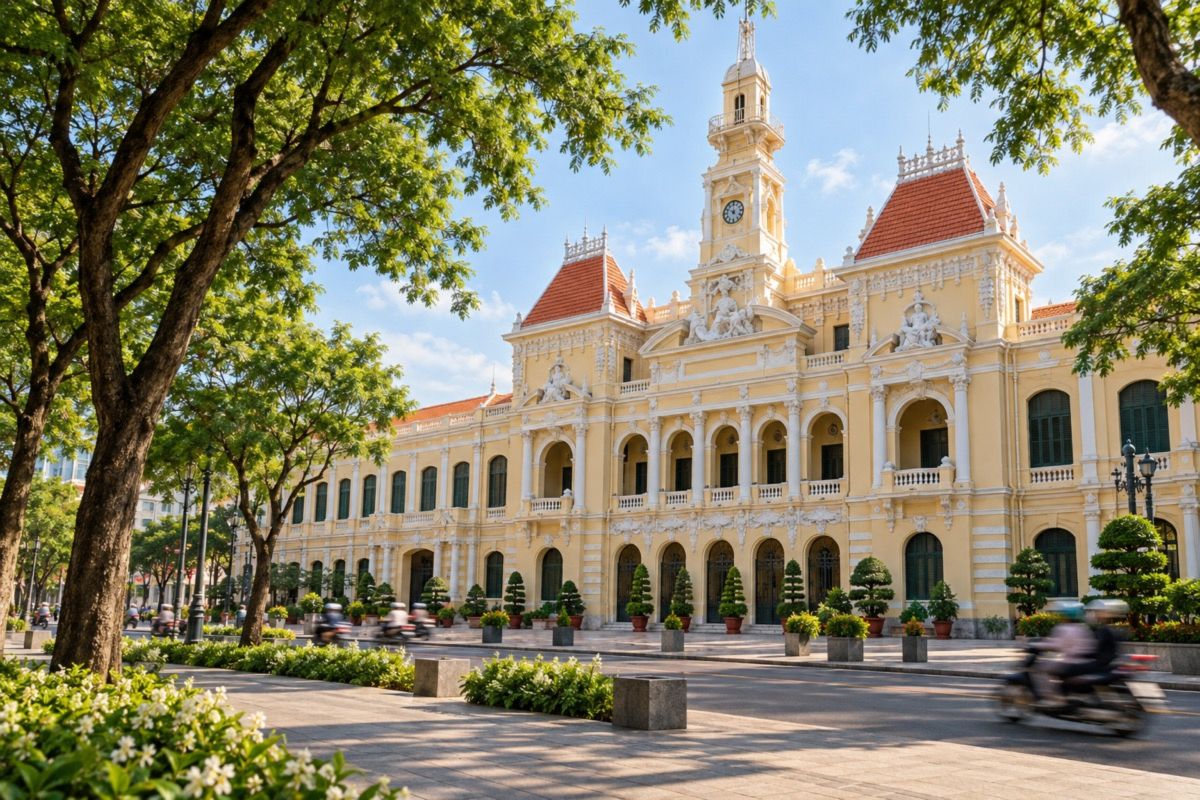 Ho Chi Minh City People's Committee building behind tree-lined streets (AI-generated illustration)