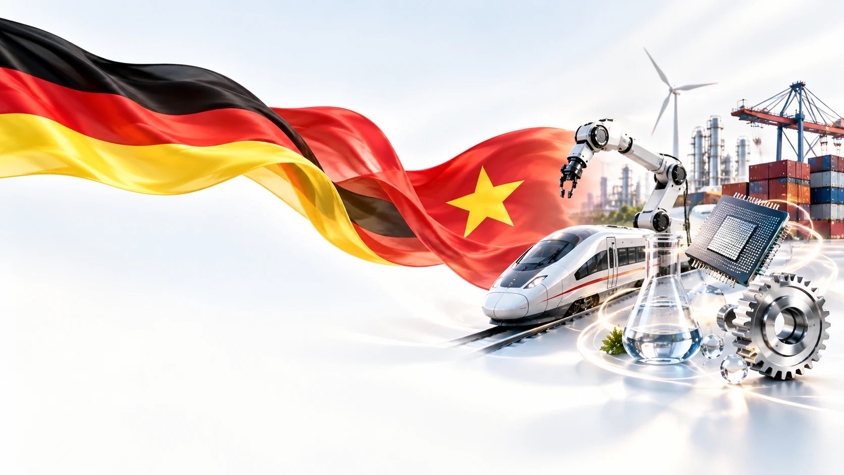 Deutsche und vietnamesische Flagge, verbunden mit Industriesymbolen: Hochgeschwindigkeitszug, Industrieroboter, Halbleiterchip, Windkraft und Containerhafen (KI-generierte Illustration)