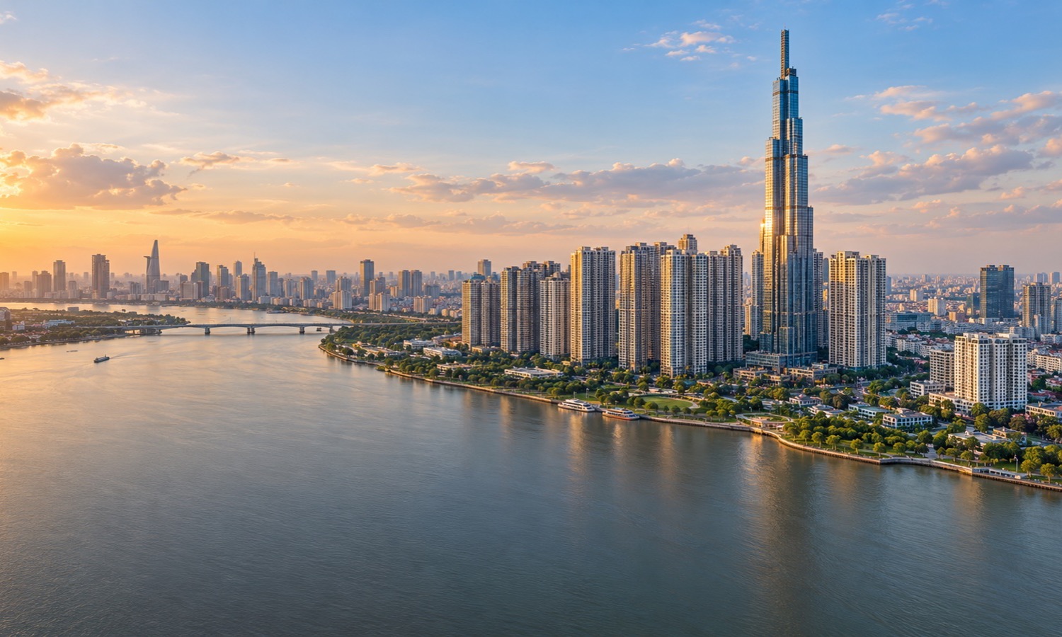 Ho Chi Minh City skyline with Landmark 81 along the Saigon River at golden hour (AI-generated illustration)