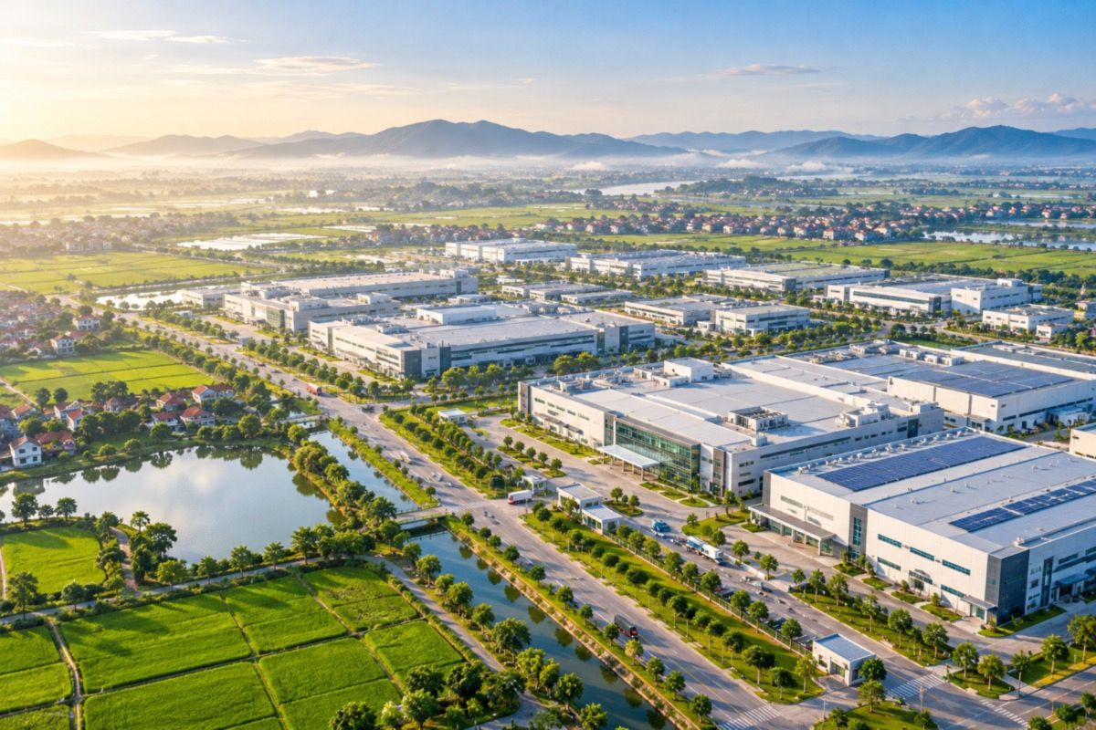 Aerial view of an electronics industrial park in Bac Ninh province, Vietnam (AI-generated illustration)