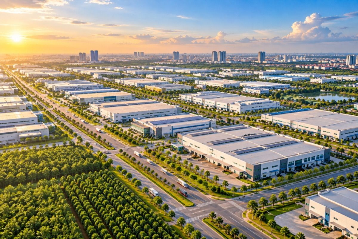 Aerial view of an industrial park in Binh Duong province, Vietnam (AI-generated illustration)