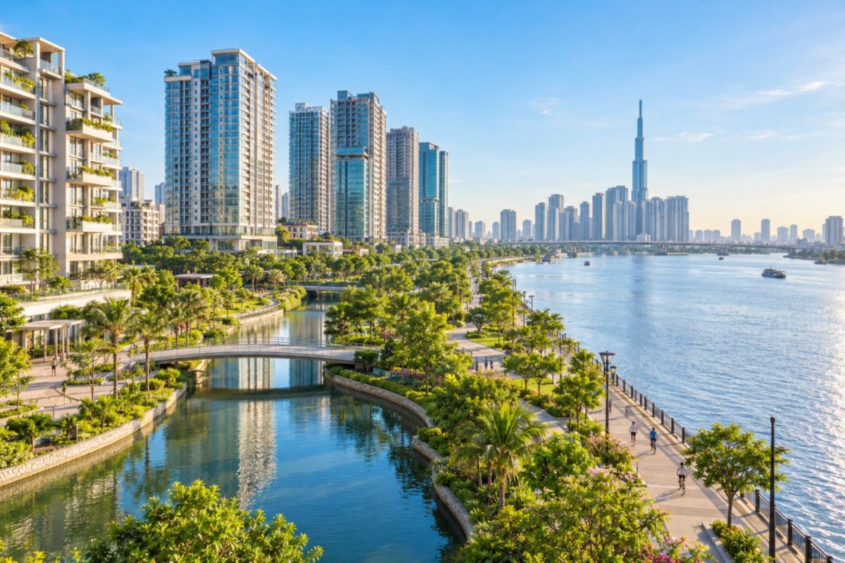 Saigon River waterfront in Binh Thanh district with the Ho Chi Minh City skyline (AI-generated illustration)