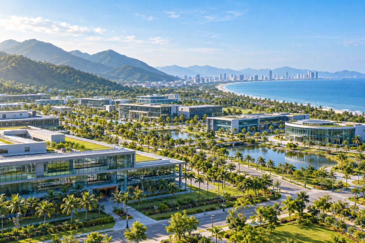 Aerial view of a hi-tech park near the coast of Da Nang, Vietnam (AI-generated illustration)