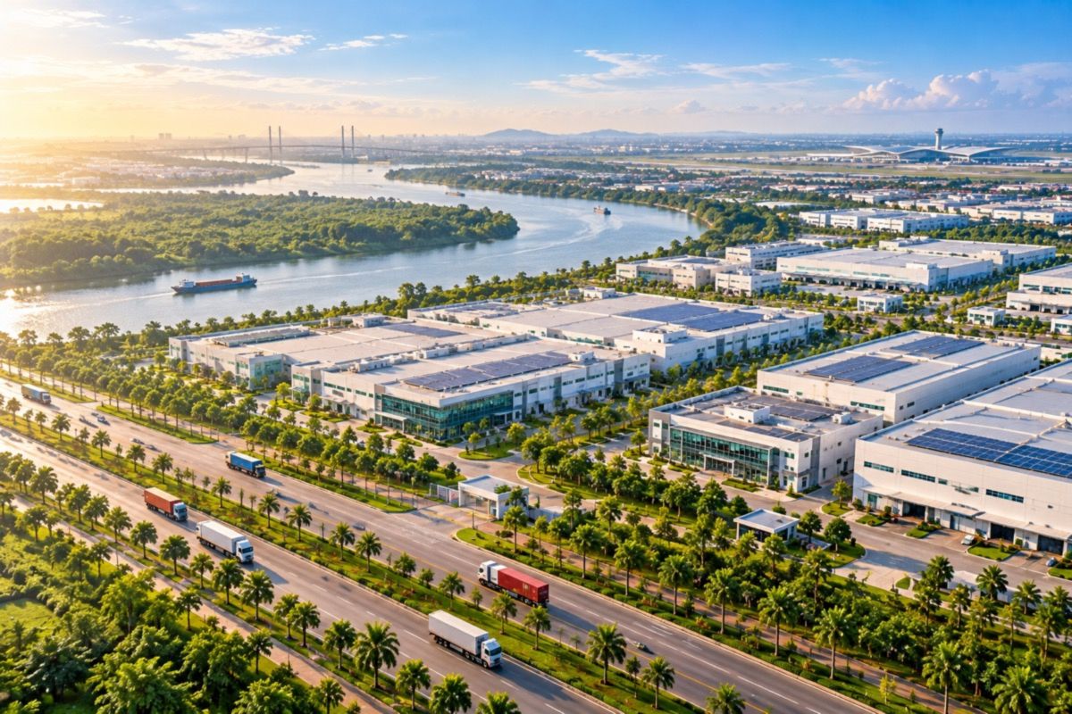 Aerial view of an industrial park beside the Dong Nai River, Vietnam (AI-generated illustration)