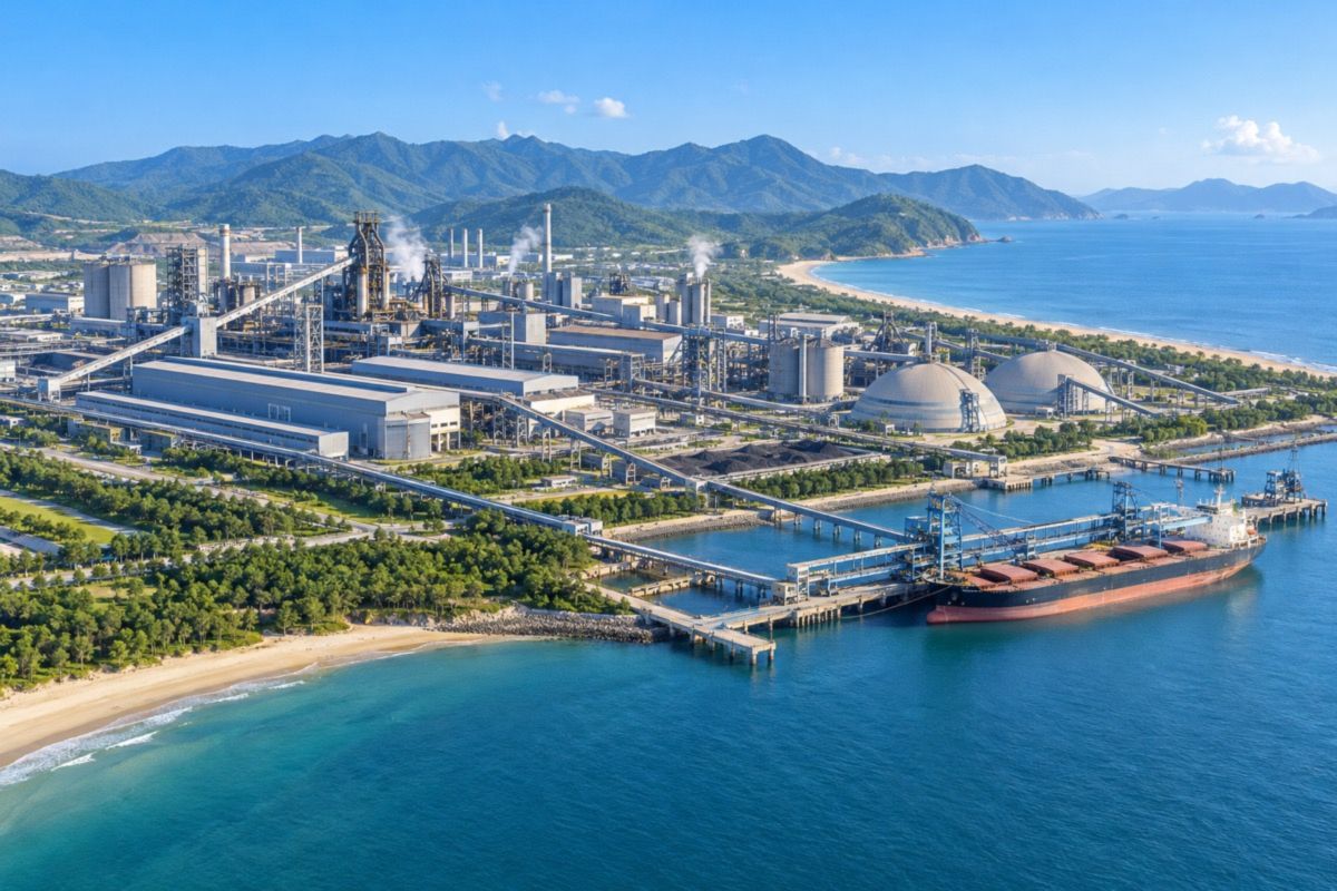Coastal steel plant and deep-water port in Ha Tinh province, Vietnam (AI-generated illustration)