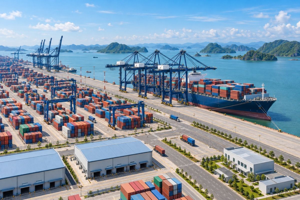 Container port and logistics zone in Hai Phong, Vietnam (AI-generated illustration)