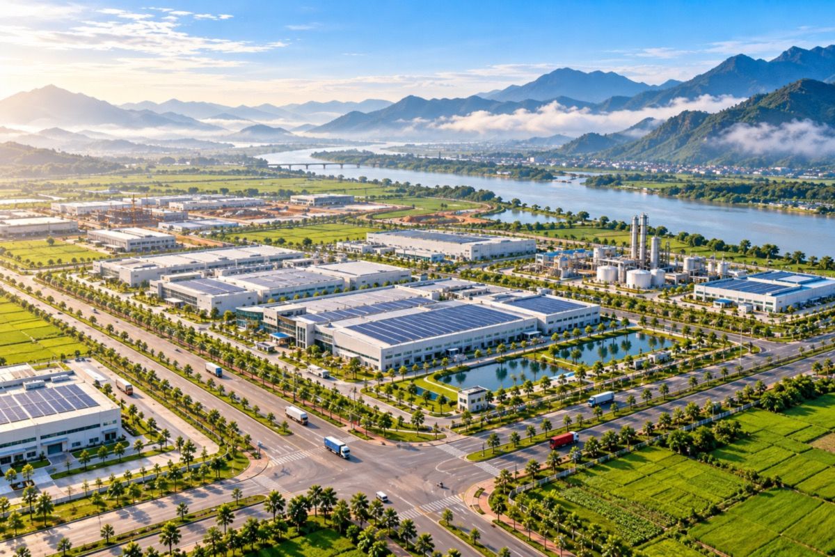 Aerial view of an industrial park in Nghe An province, Vietnam (AI-generated illustration)