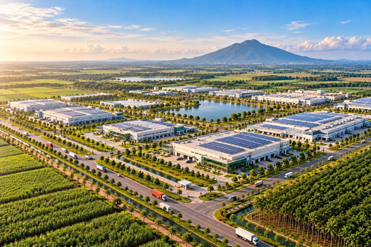 Aerial view of an industrial park in Tay Ninh province, Vietnam (AI-generated illustration)