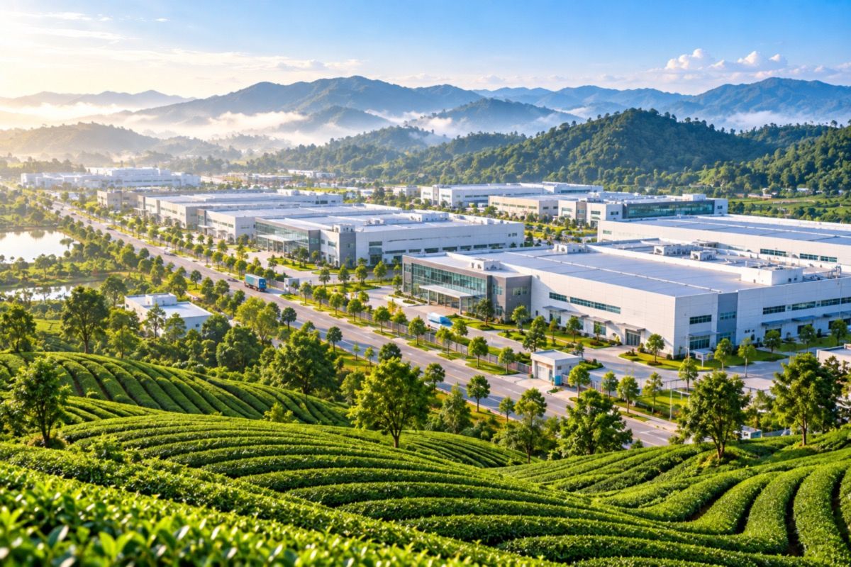 Aerial view of an industrial park among tea hills in Thai Nguyen province, Vietnam (AI-generated illustration)