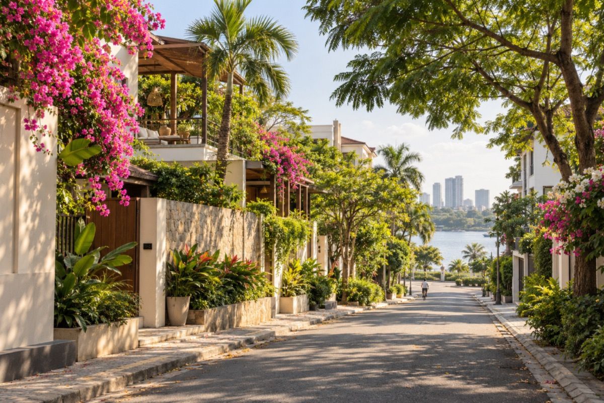 Leafy residential lane with bougainvillea near the Saigon River in Thao Dien (AI-generated illustration)