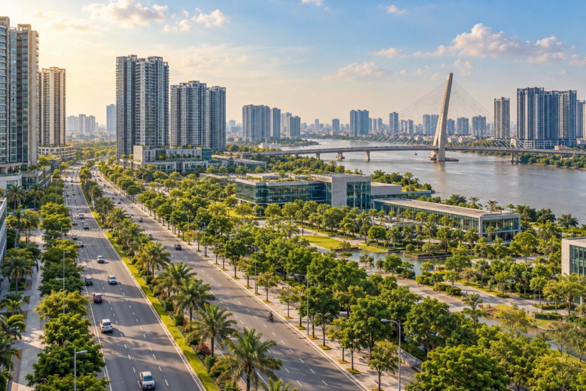 Tree-lined boulevard and riverside towers in Thu Duc City, Ho Chi Minh City (AI-generated illustration)