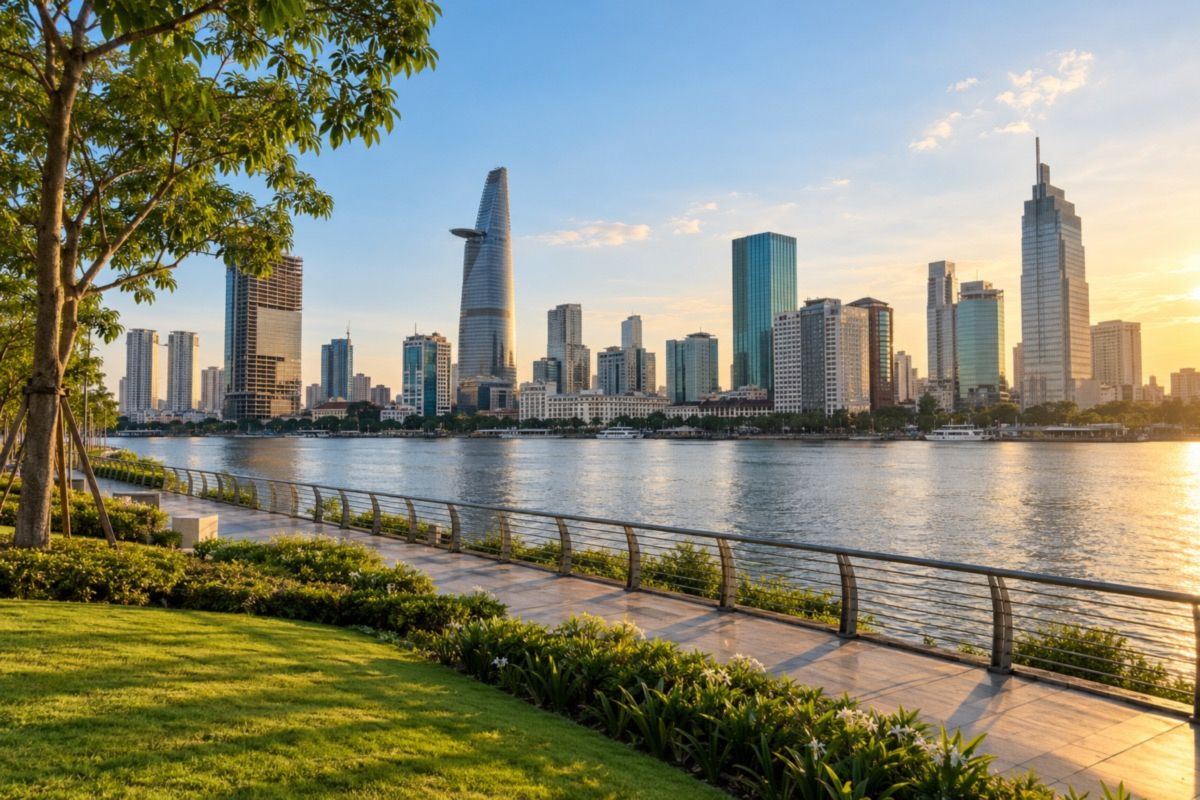 View from the Thu Thiem riverside park across the Saigon River to the District 1 skyline (AI-generated illustration)
