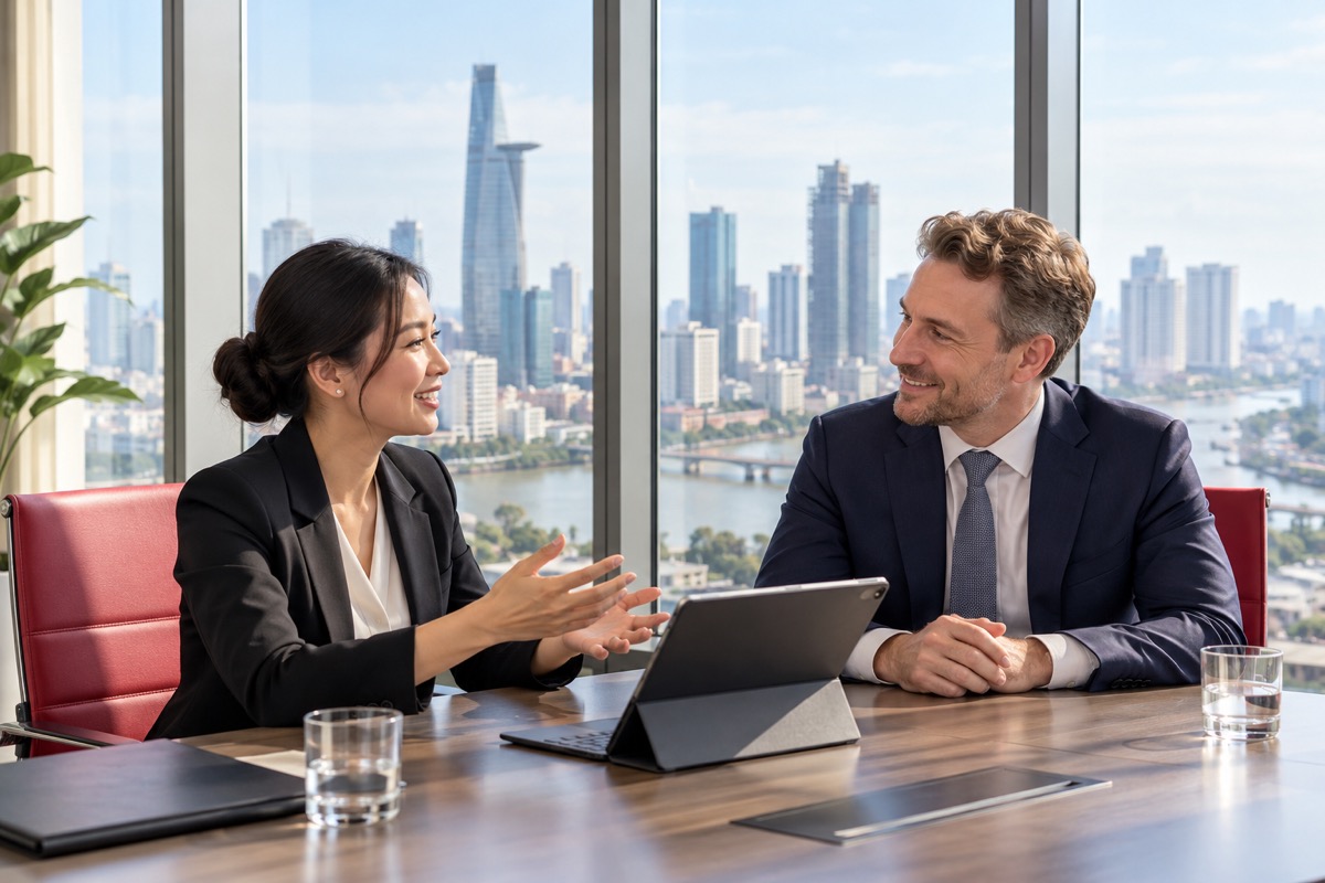 Two advisers in a meeting room overlooking the Ho Chi Minh City skyline (AI-generated illustration)