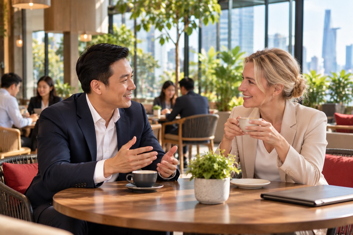 Investor and adviser in conversation at a café in Ho Chi Minh City (AI-generated illustration)