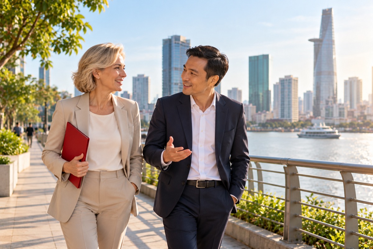 Business partners walking along the Saigon River in Ho Chi Minh City (AI-generated illustration)