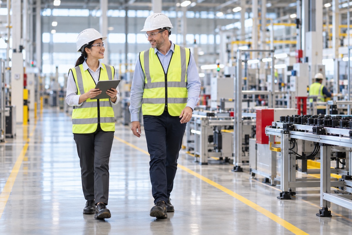 Two engineers in hard hats, safety glasses and hi-vis vests on a factory floor in Vietnam (AI-generated illustration)