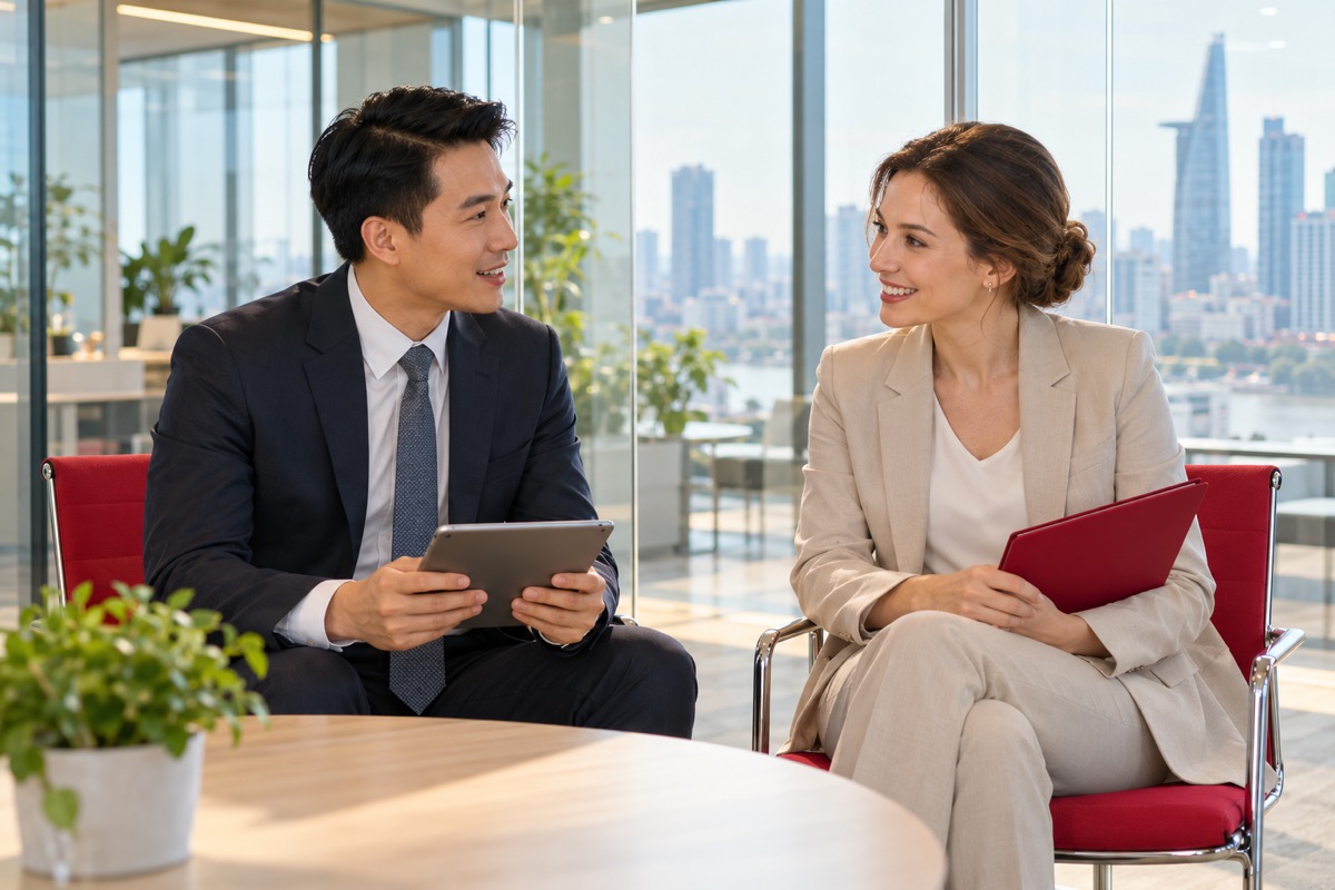 Two advisers reviewing documents in a glass meeting room in Ho Chi Minh City (AI-generated illustration)