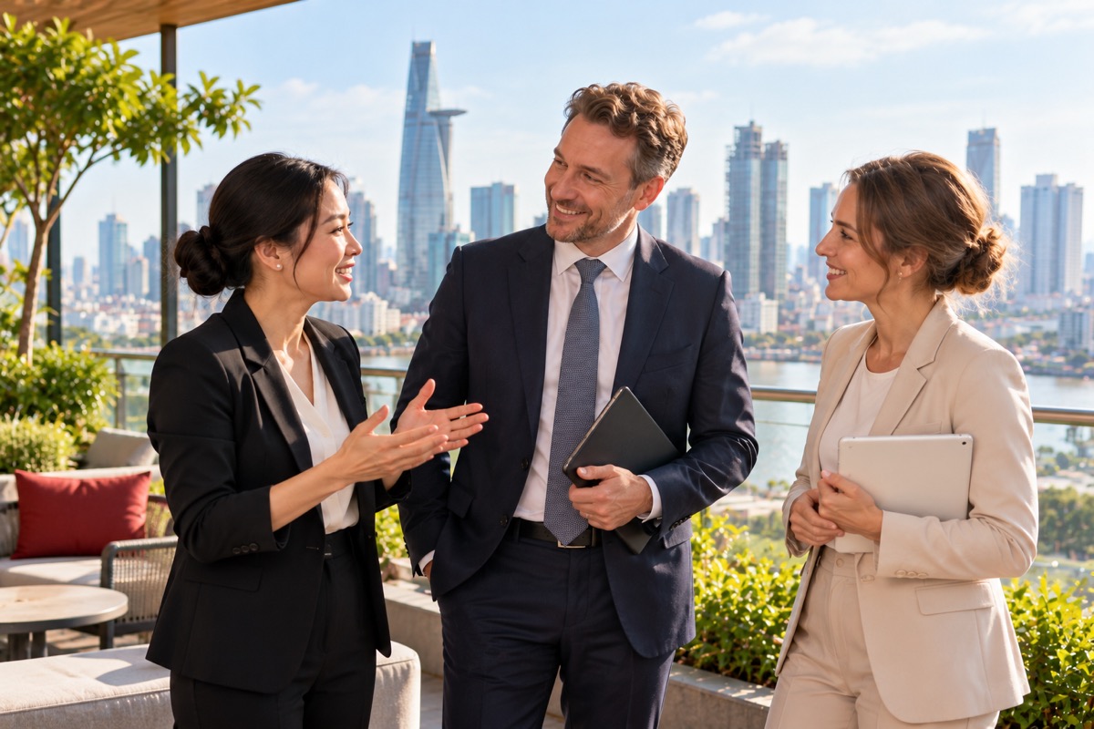 Three advisers talking on a rooftop terrace in Ho Chi Minh City (AI-generated illustration)