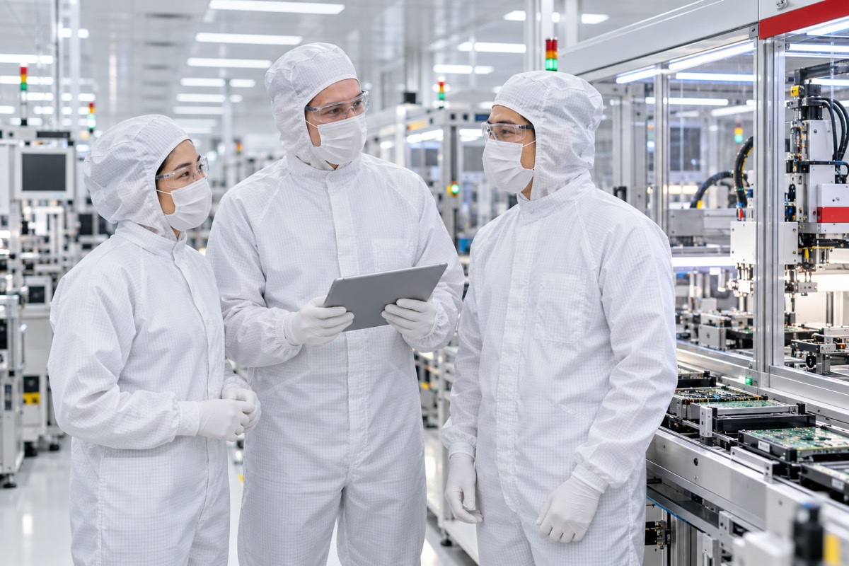 Three specialists in cleanroom suits inspecting production in an electronics plant in Vietnam (AI-generated illustration)
