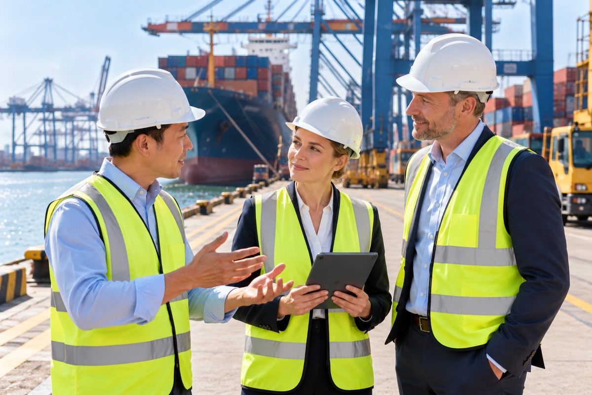 Three logistics managers in hard hats and hi-vis vests at a container port in Vietnam (AI-generated illustration)
