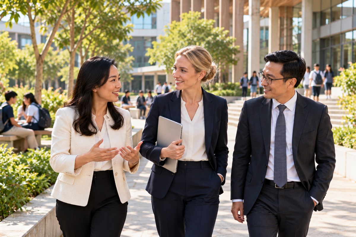 Three advisers walking through an international university campus in Vietnam (AI-generated illustration)