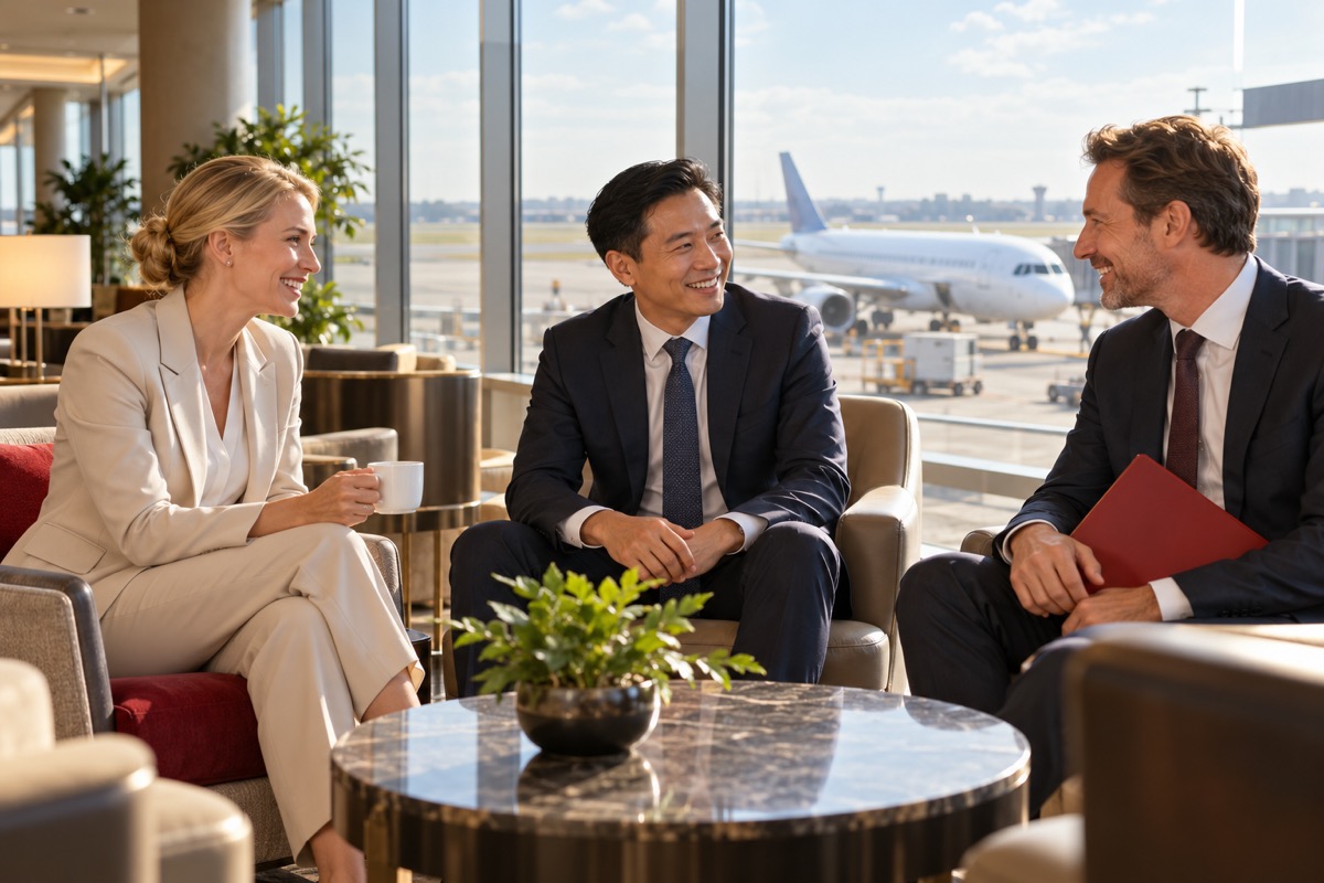 Business travellers meeting in an airport lounge (AI-generated illustration)