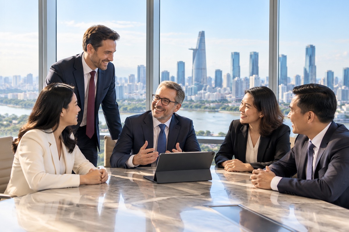 Five advisers in a boardroom meeting overlooking Ho Chi Minh City (AI-generated illustration)