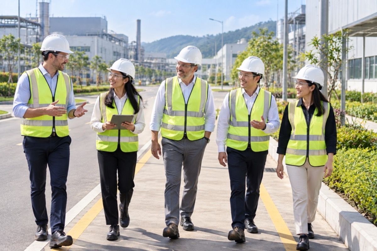 Five managers in hard hats and hi-vis vests touring an industrial park in Vietnam (AI-generated illustration)