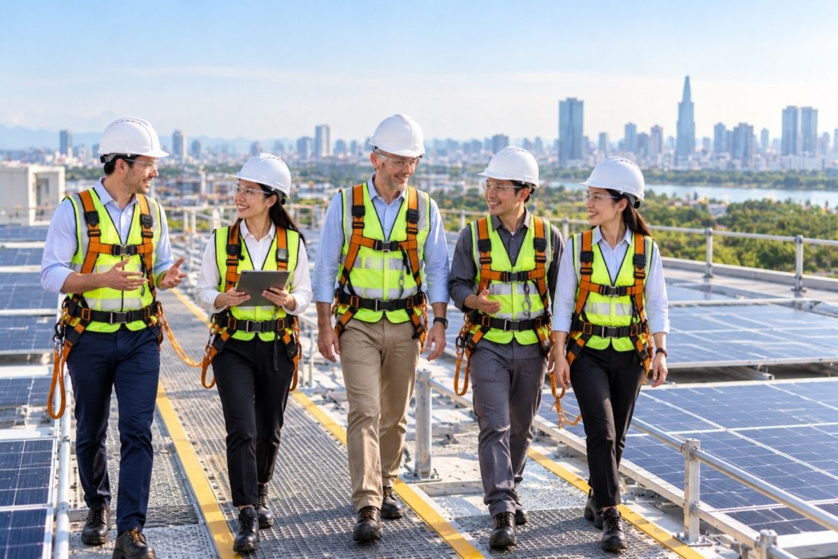 Engineers with fall-protection harnesses on a rooftop solar installation (AI-generated illustration)