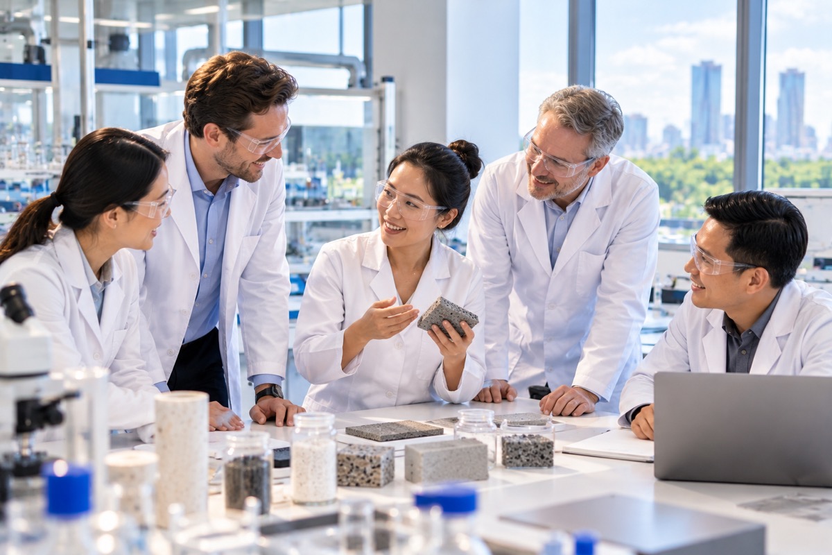 Five researchers with safety glasses reviewing material samples in a laboratory in Vietnam (AI-generated illustration)