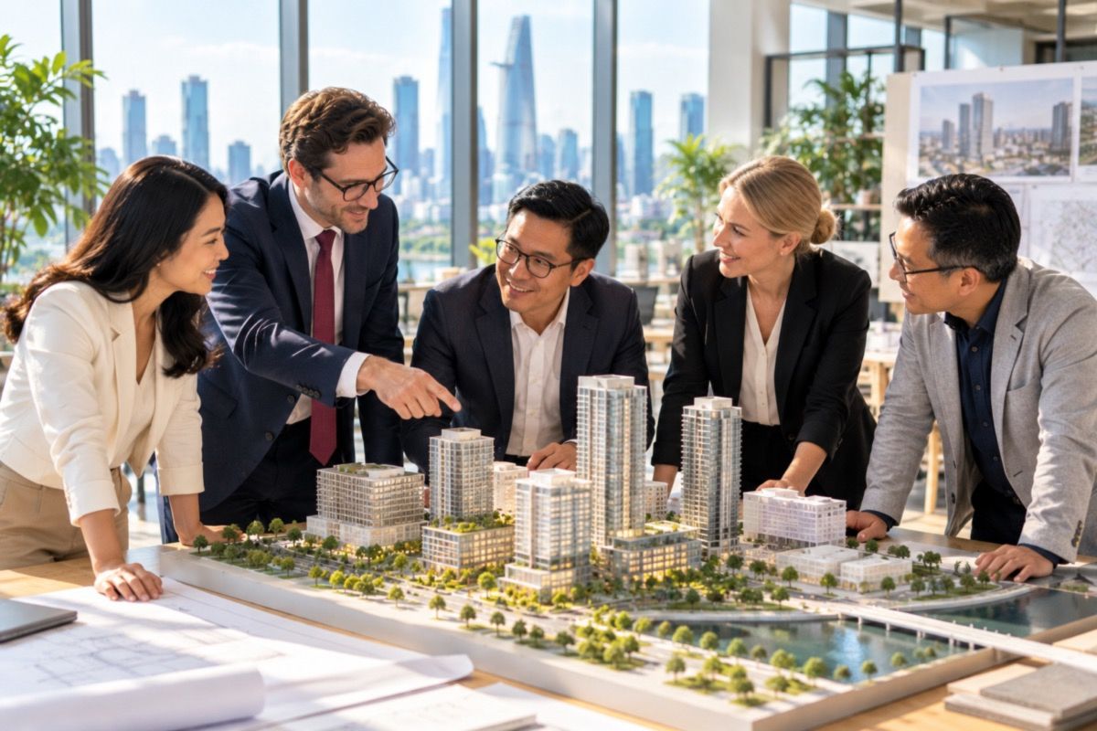 Five advisers reviewing an architectural model in a design studio in Ho Chi Minh City (AI-generated illustration)