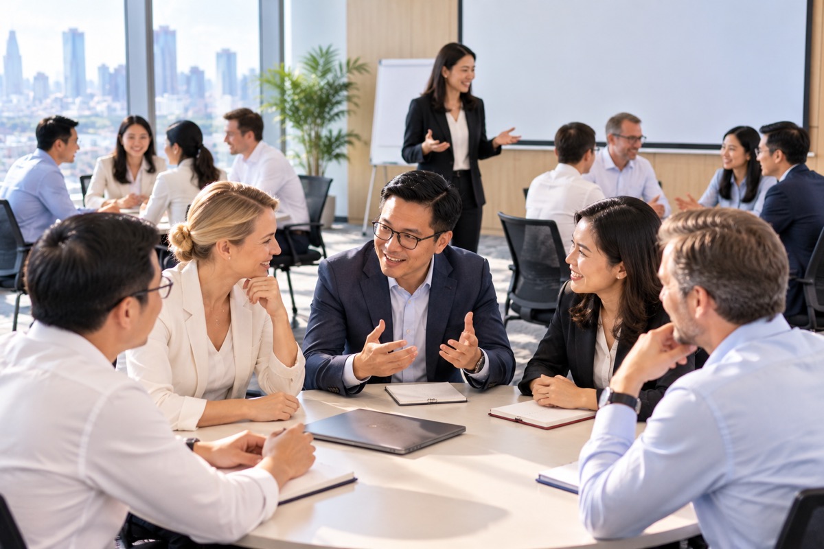 HR training session with ten participants in a modern office in Vietnam (AI-generated illustration)