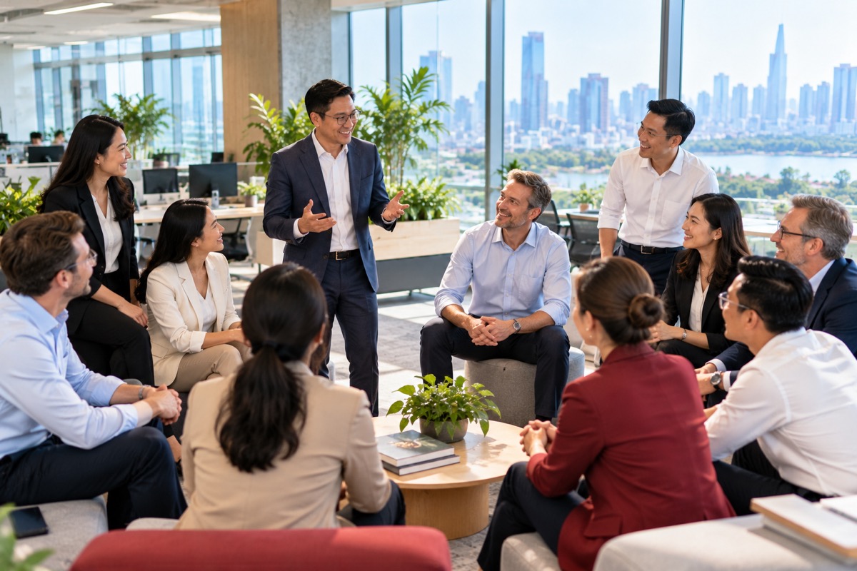 Team meeting with ten colleagues in an open office overlooking Ho Chi Minh City (AI-generated illustration)