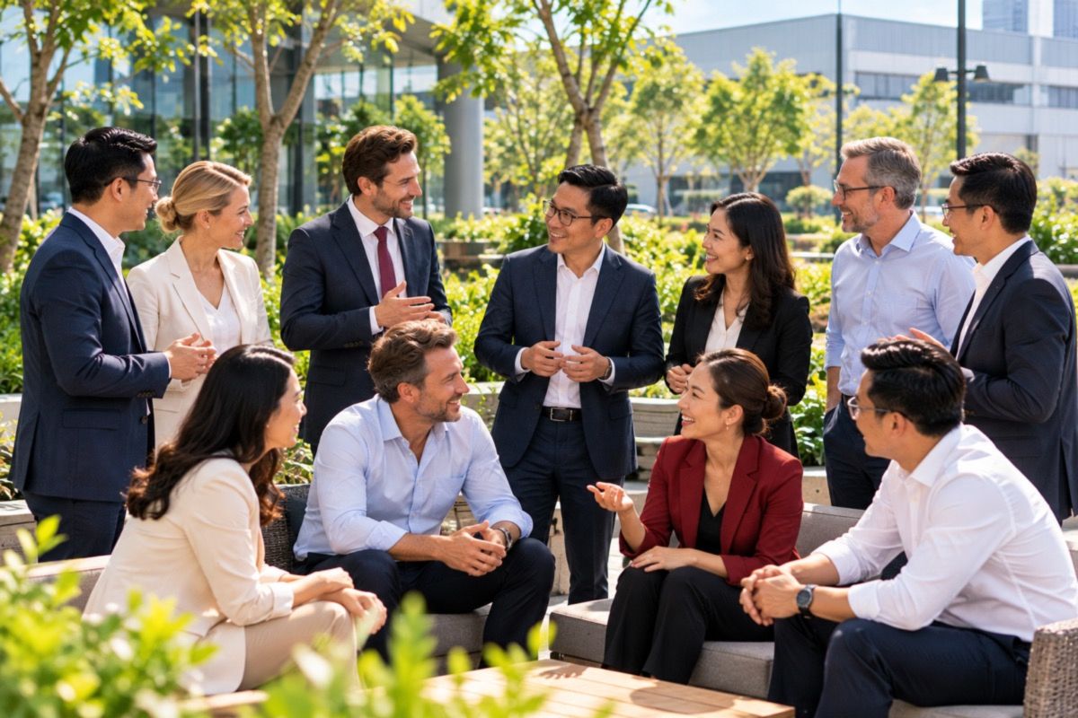 Ten business partners gathering outdoors at a project milestone in Vietnam (AI-generated illustration)