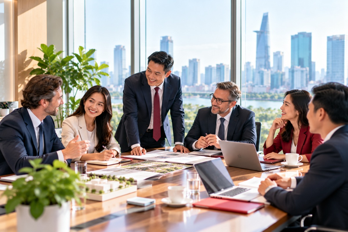 European and Vietnamese executives at a board meeting with Ho Chi Minh City skyline view (AI-generated illustration)
