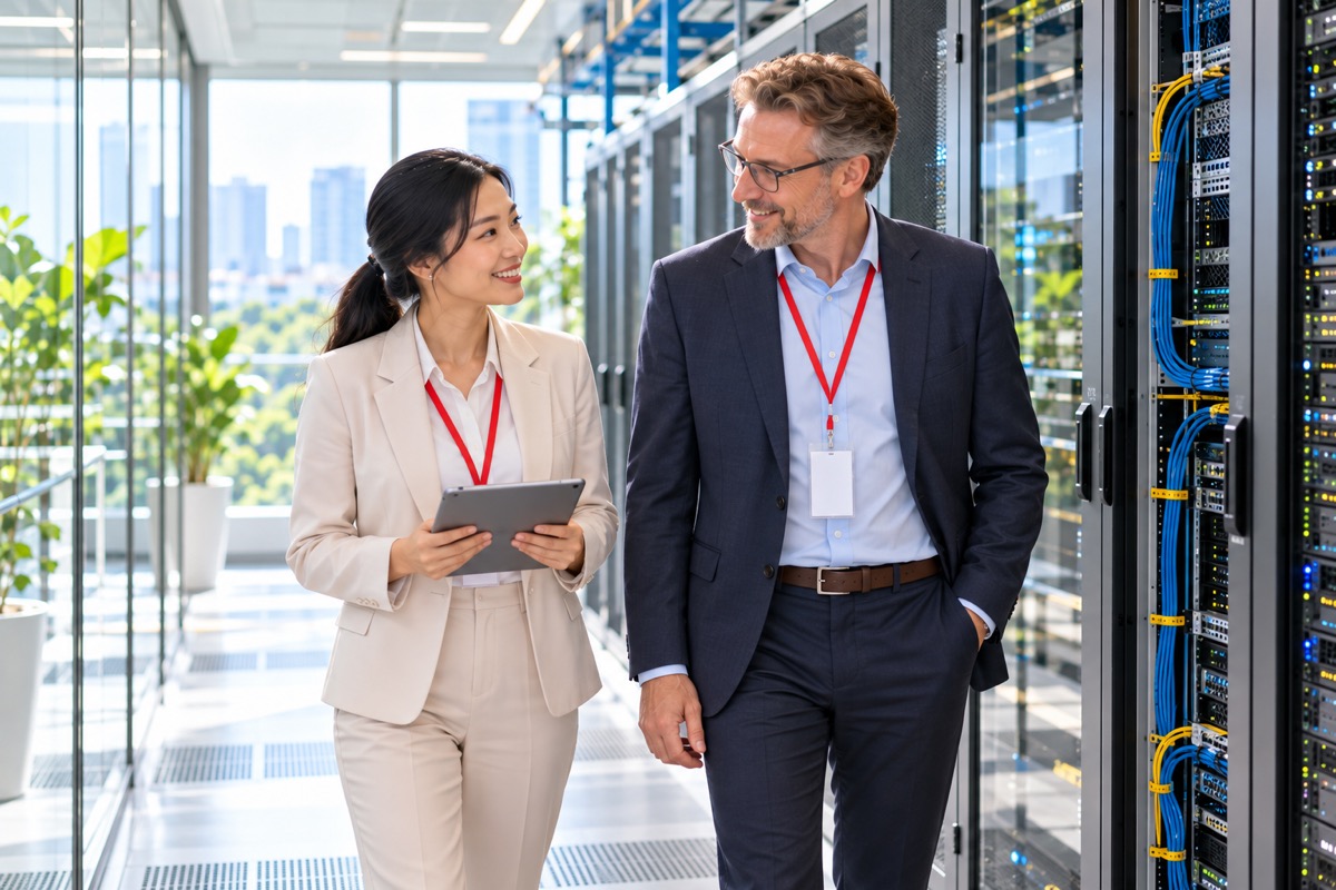 Compliance officers walking through a data centre in Vietnam (AI-generated illustration)