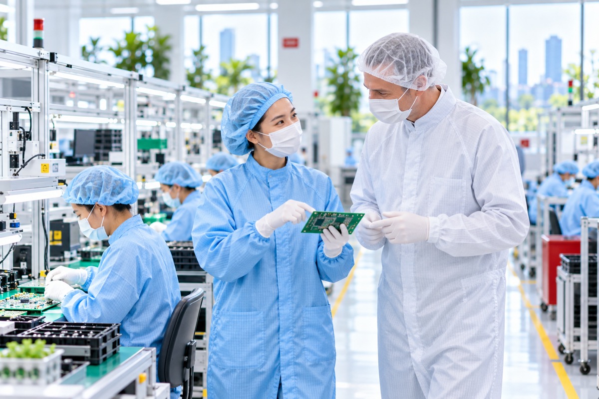 Technicians in ESD cleanroom suits inspecting a circuit board in an electronics factory in Vietnam (AI-generated illustration)