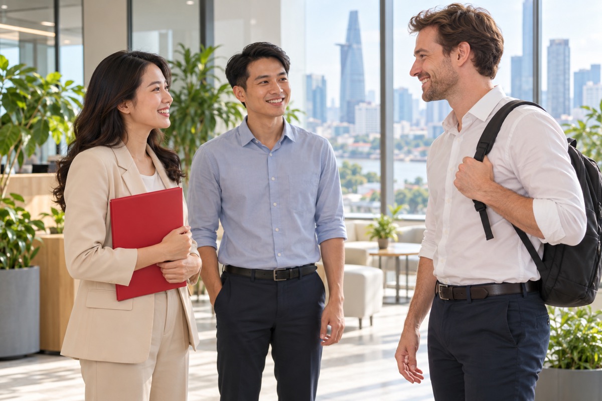 HR manager welcoming a foreign employee to a modern office in Vietnam (AI-generated illustration)