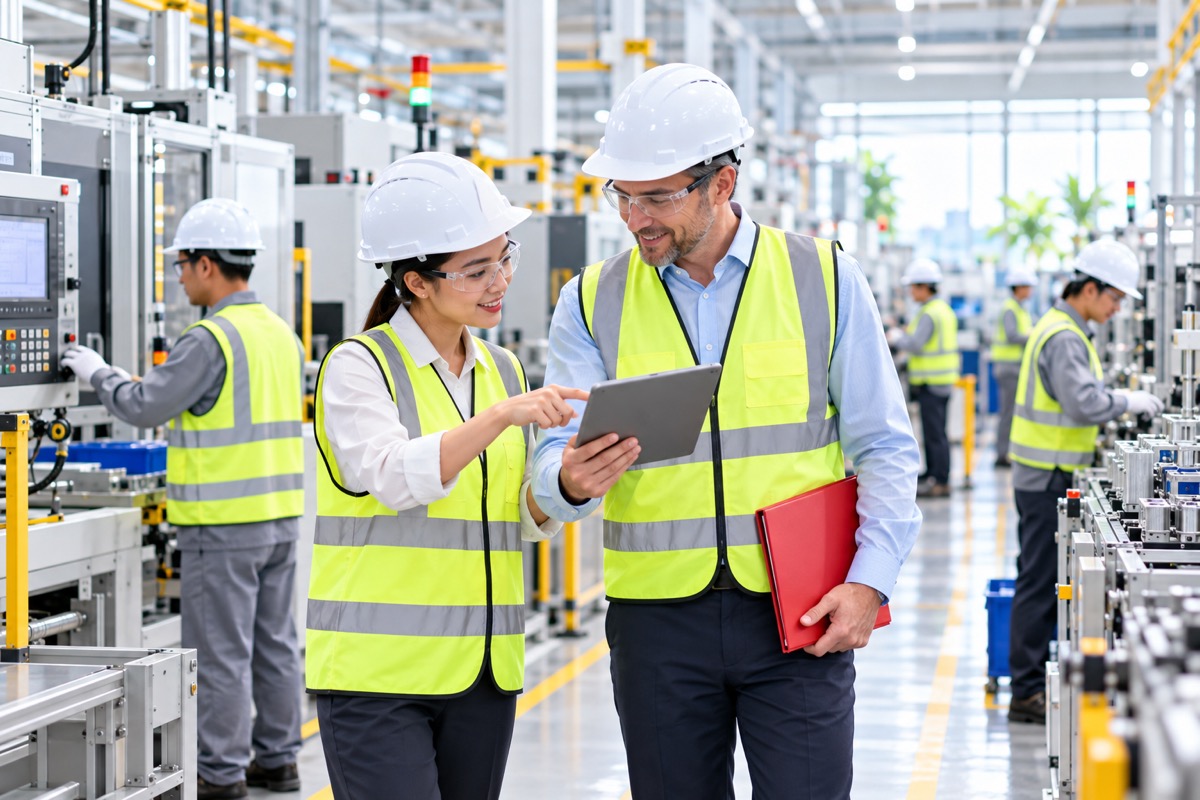 Engineers in hard hats, safety glasses and high-visibility vests reviewing production data on a factory floor in Vietnam (AI-generated illustration)