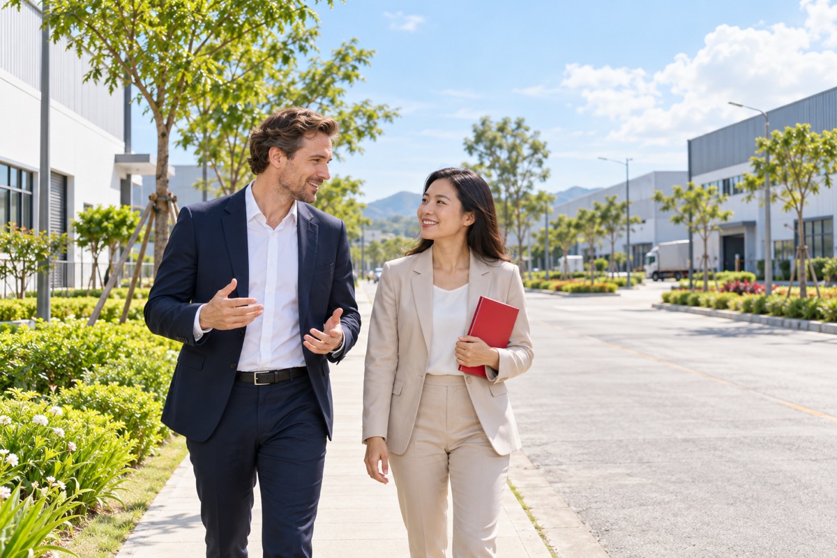Investor and adviser walking through a green industrial park in Vietnam (AI-generated illustration)
