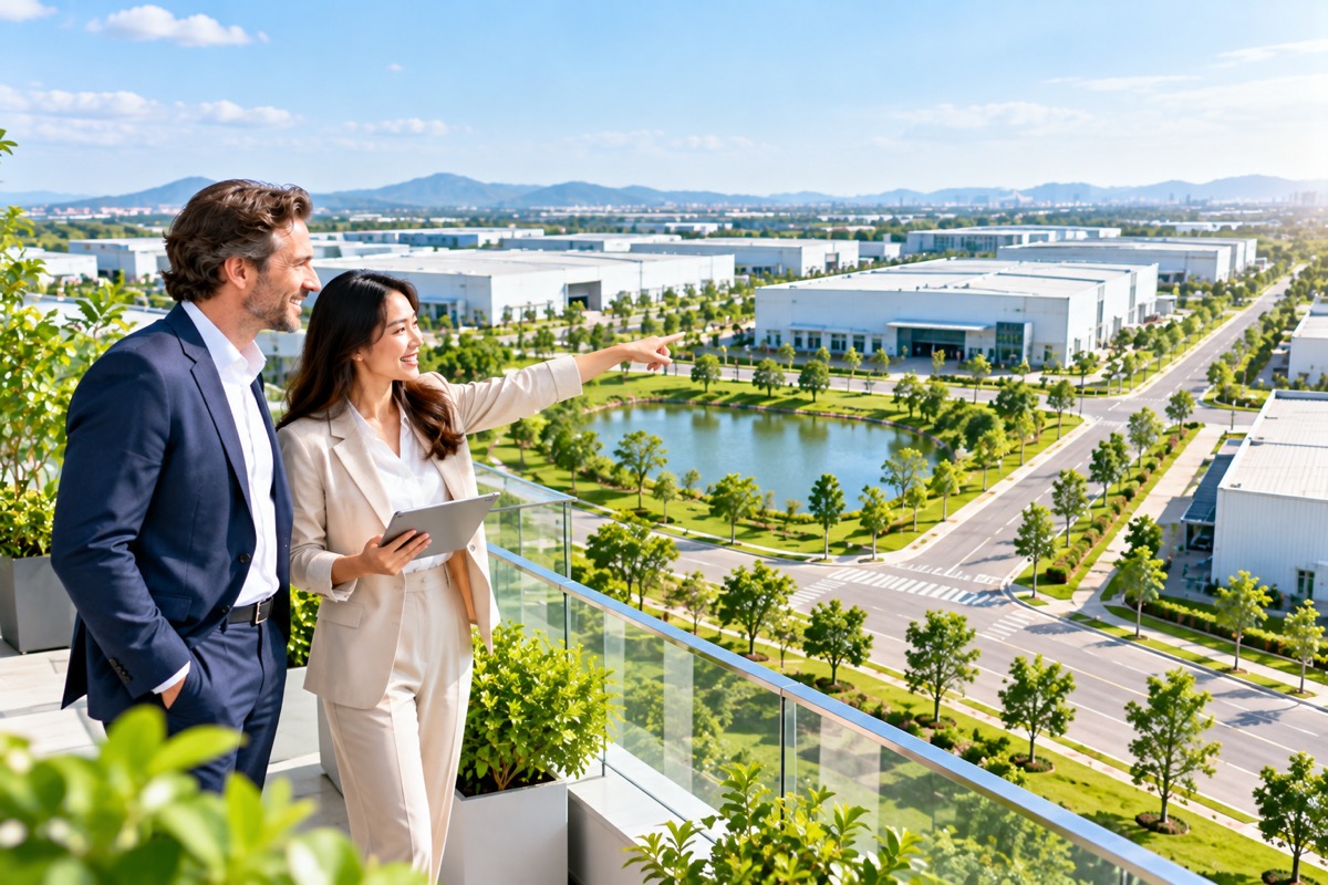 Two advisers on a rooftop terrace overlooking a modern industrial park in Vietnam (AI-generated illustration)